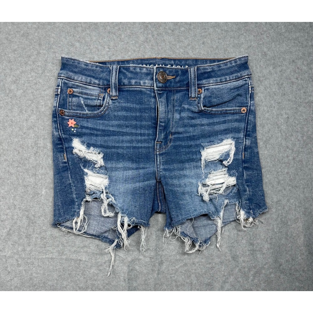American Eagle Womens Denim Shorts Distressed Floral Embroidery Size 0